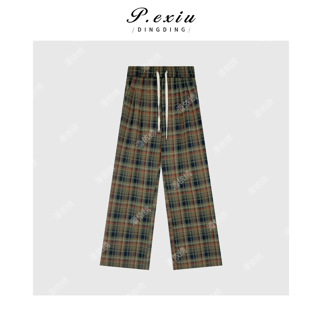 PanYiXiu/潘依绣【咖啡裤】复古格纹慵懒松弛感抽绳休闲裤 W-62438