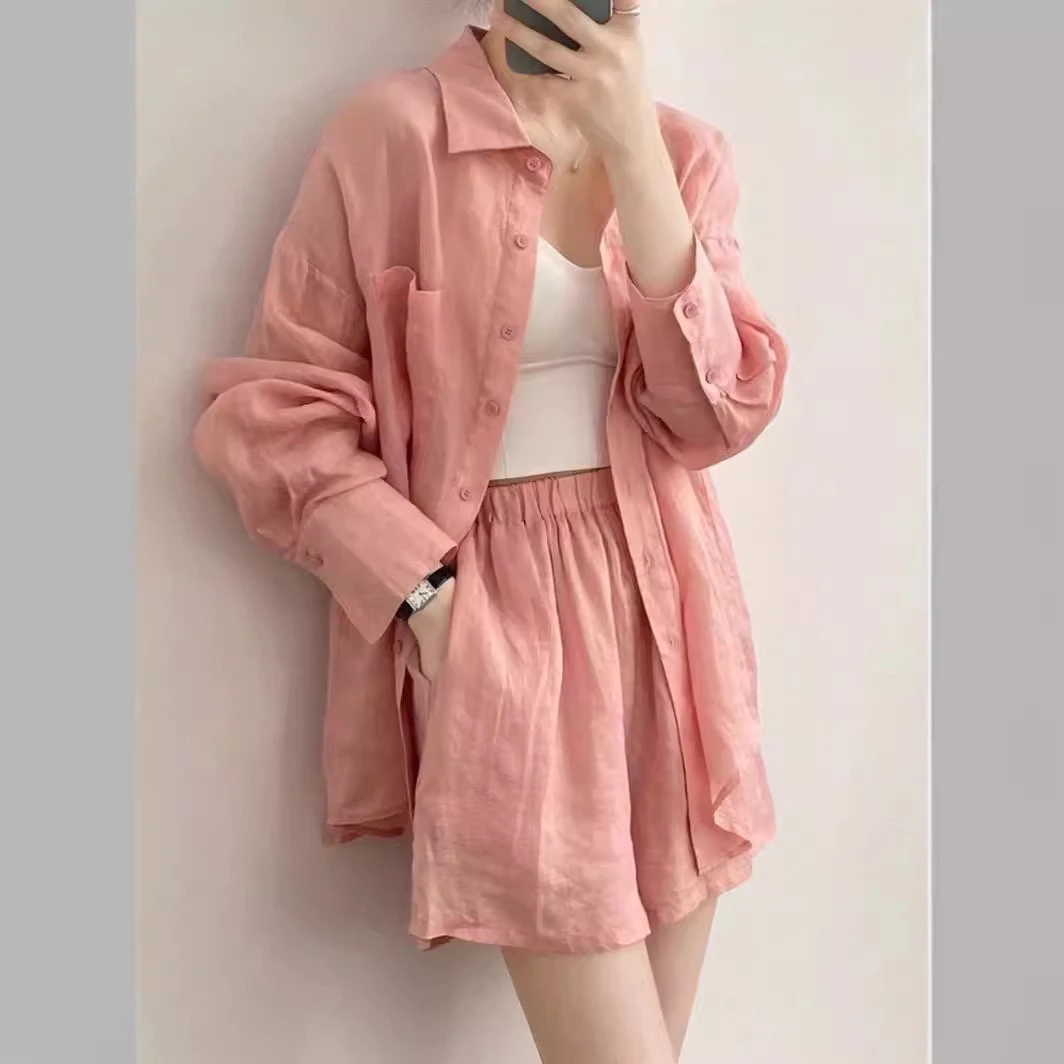 【如水阁】韩版苎麻时尚松紧短裤两件套新款麻料翻领百搭衬衫套装