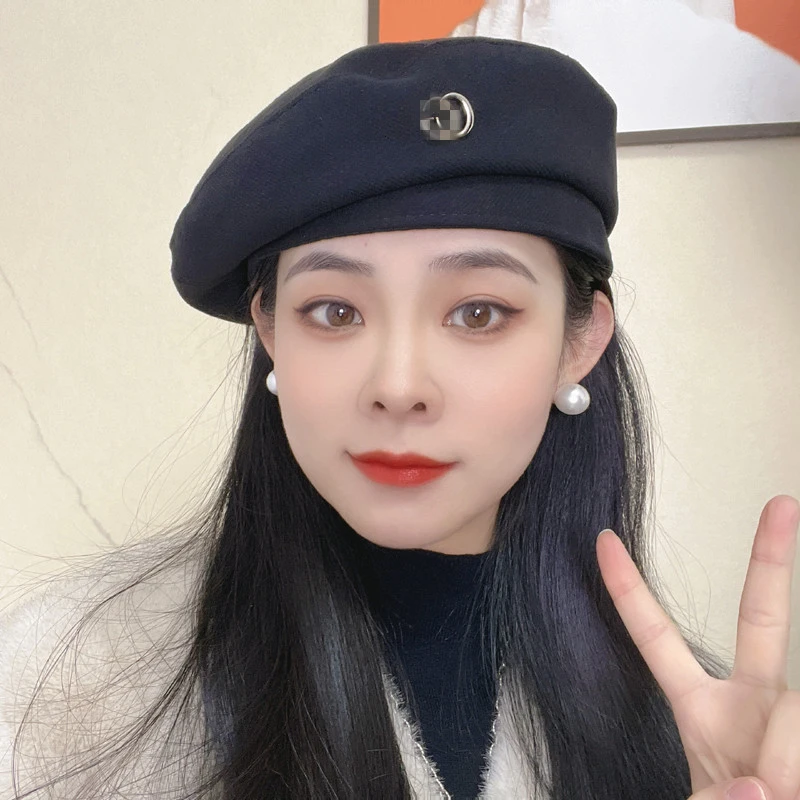 秋季新款 时尚字母贝雷帽女秋冬季毛呢画家帽洋气百搭蓓蕾帽子