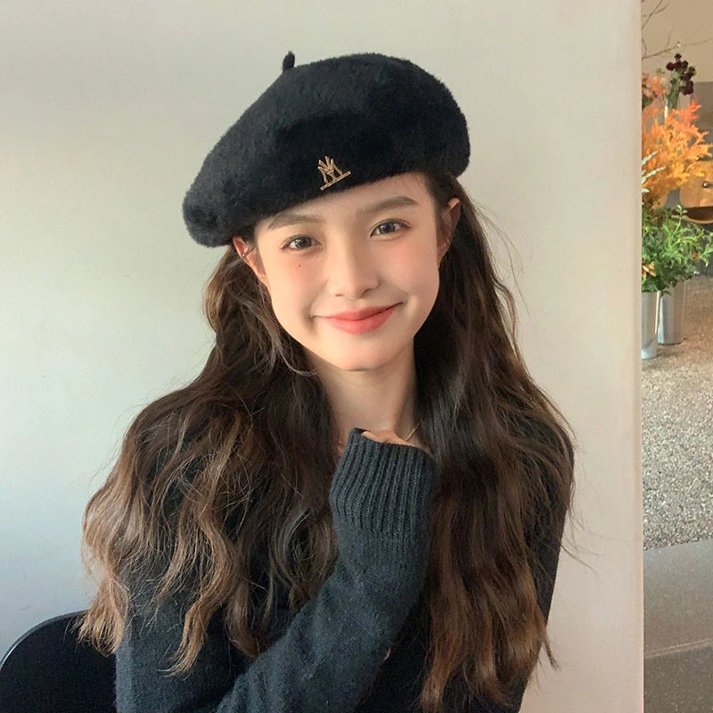 仿貂毛 黑色贝雷帽女2022新款冬季毛绒帽子显脸小百搭时尚保暖潮
