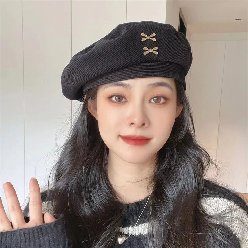 新款 贝雷帽女 新款秋天大头围显脸小韩系棕色画家帽秋冬八角帽