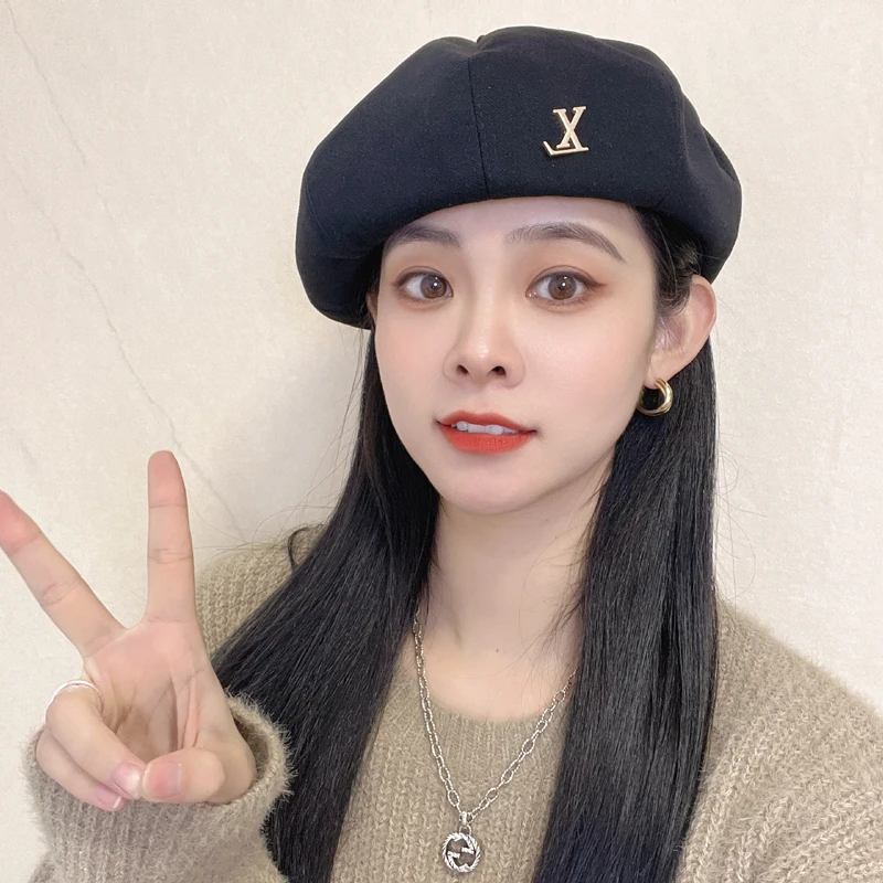 韩系金属黑色毛呢贝雷帽女秋冬气质网红复古画家帽潮八角帽南瓜帽