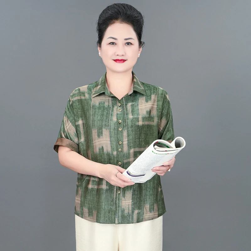 华太太中老年女装妈妈装大码宽松显瘦翻领短袖老人上衣夏装B0719