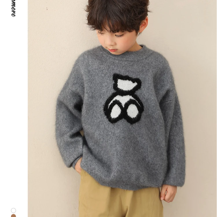 【100%纯羊绒】儿童羊绒衫小熊图案毛衣加厚重磅打底宝宝针织衫