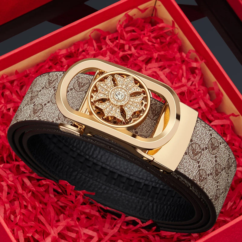 保罗印花男士真牛皮皮带高档时尚潮流镶钻休闲百搭头层牛皮裤腰带