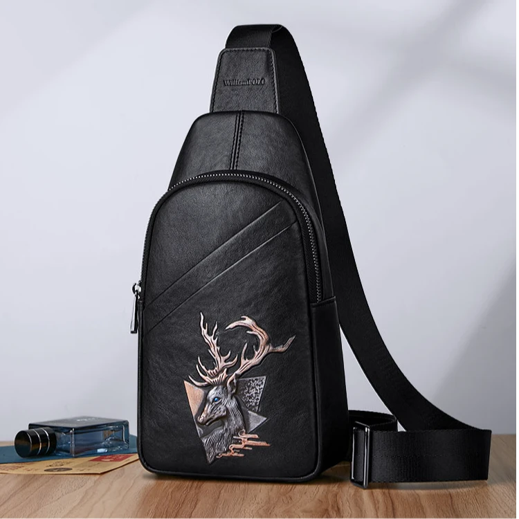 英皇保罗正品3D立体鹿头真皮牛皮潮流百搭个性男士大容量斜挎胸包