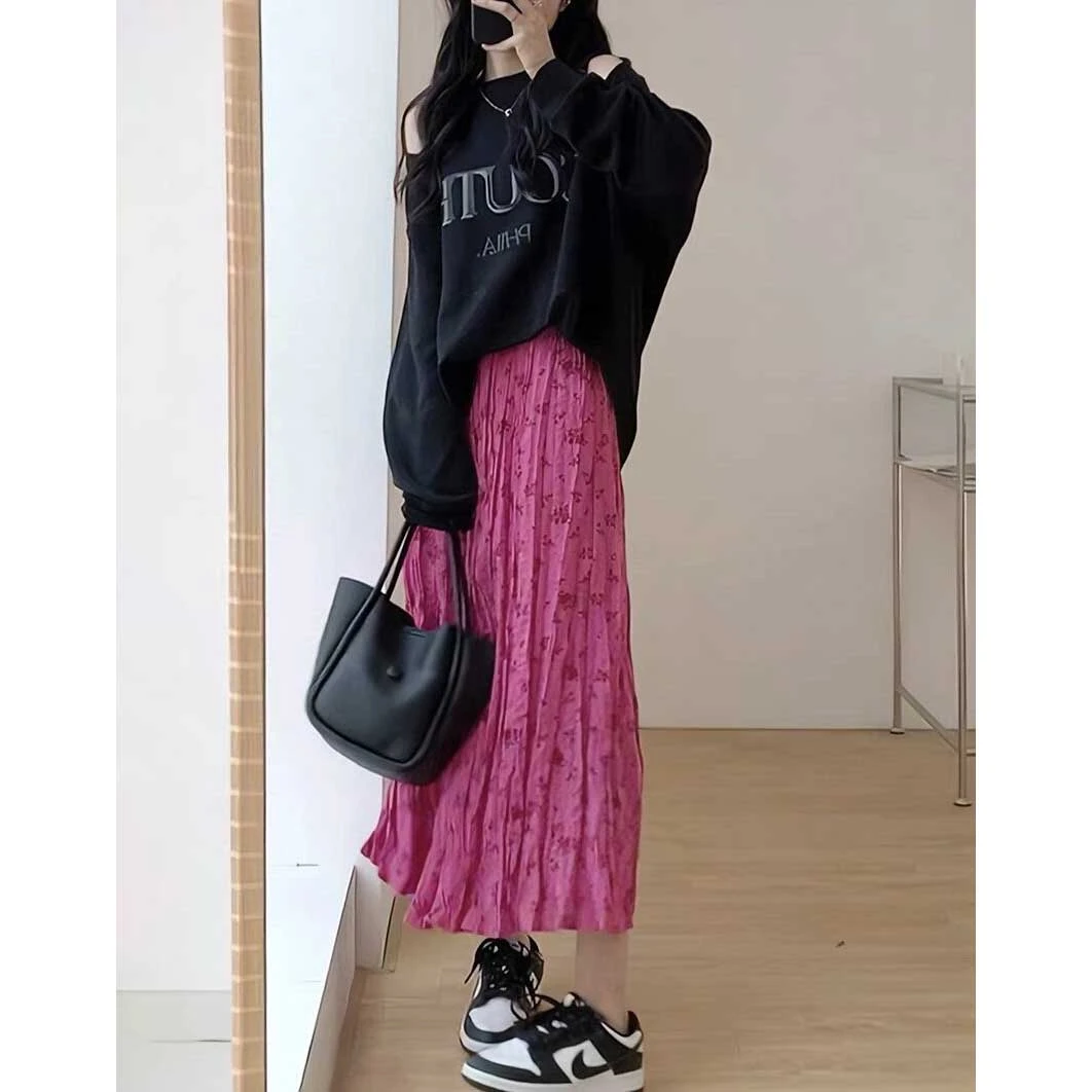 大码女装慵懒风纯欲露肩长袖卫衣秋季设计感小众时尚显瘦半身裙