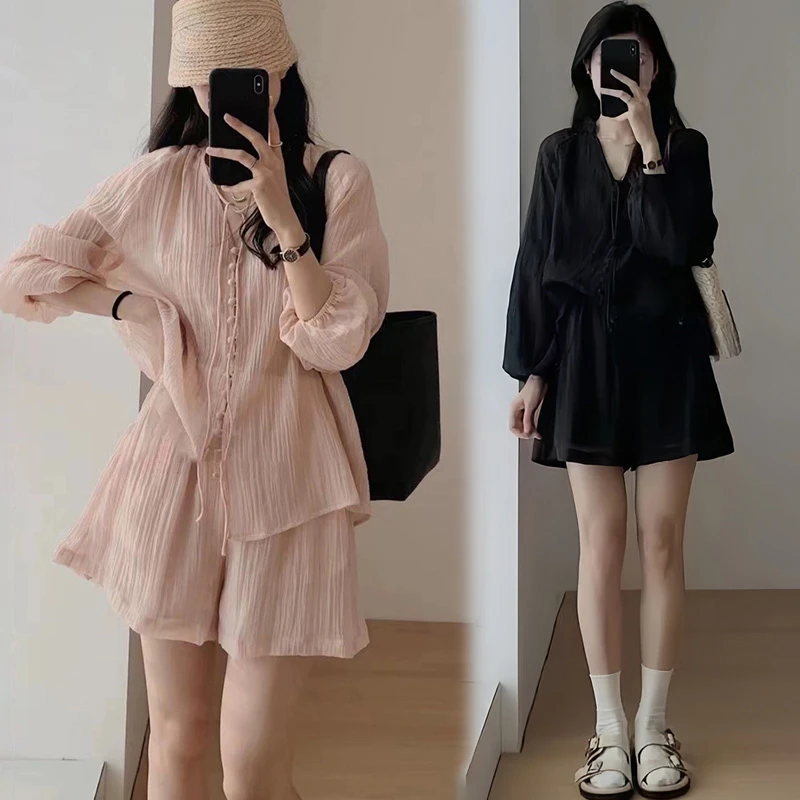 大码女装微胖穿搭夏天盐系轻熟时尚洋气宽松显瘦上衣休闲短裤两件