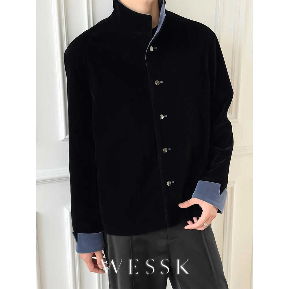 WESSK新中式蓝丝绒拼色春秋中国风复古贵气优雅休闲外套夹克男女