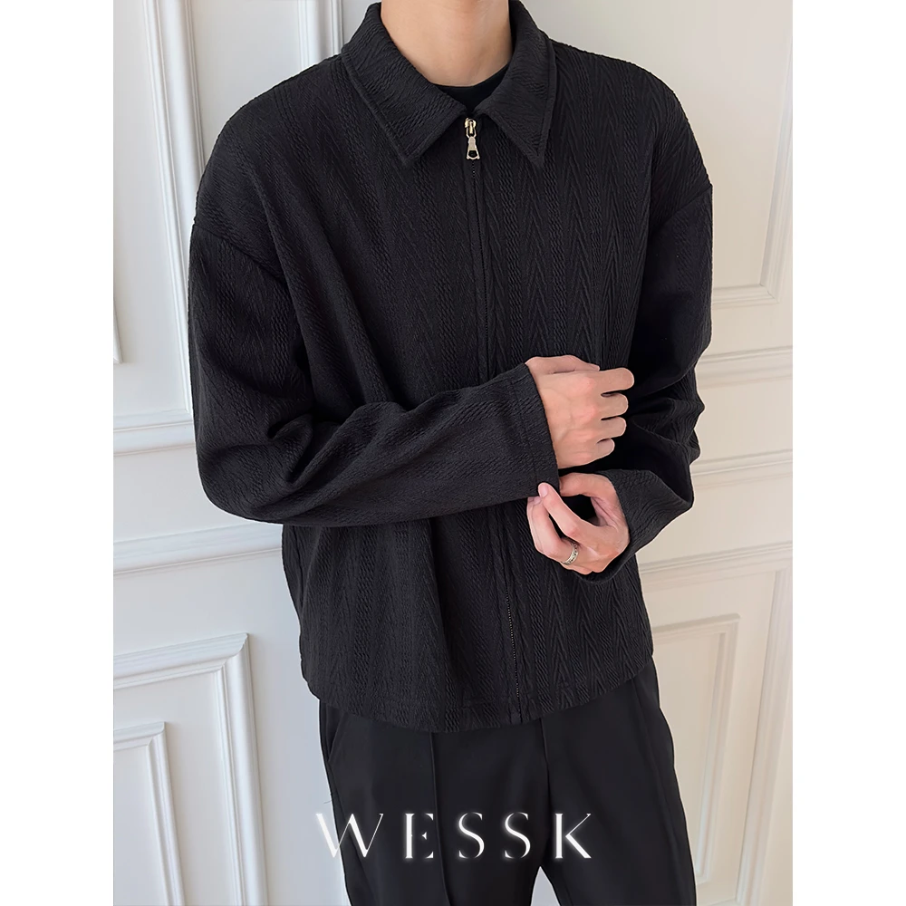 WESSK柔软富贵条格纹ykk翻领春秋季休闲百搭长袖拉链衬衫外套男女