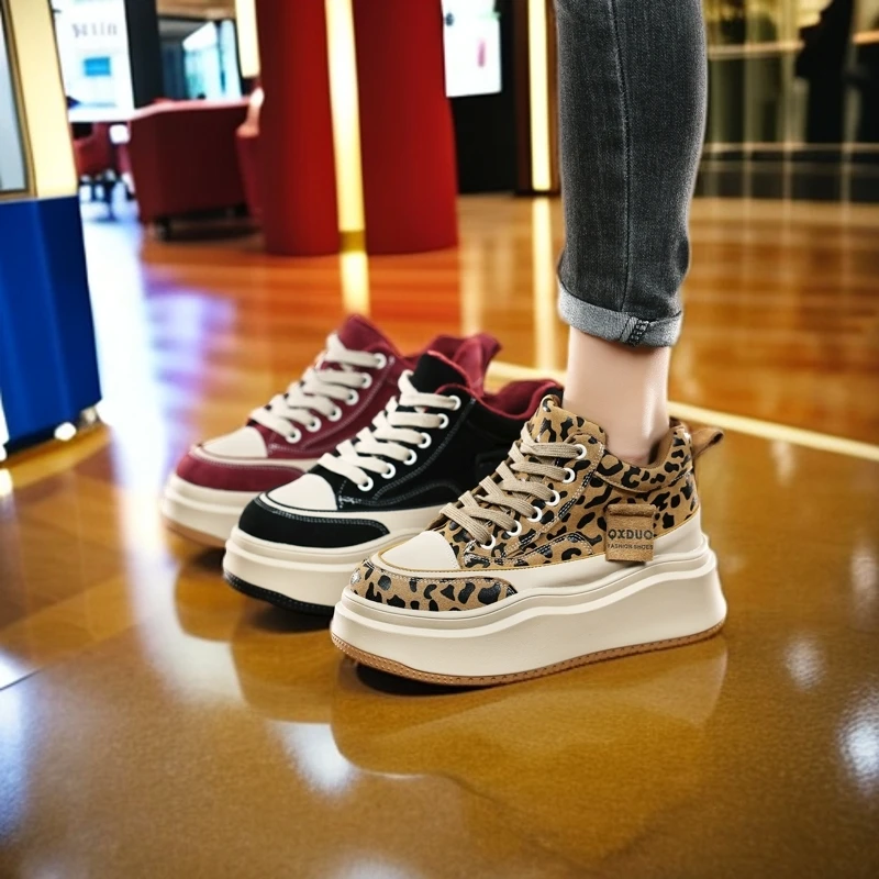 2024早秋高帮女鞋时尚真皮厚底系带韩版潮流拼色小白鞋内增高女鞋