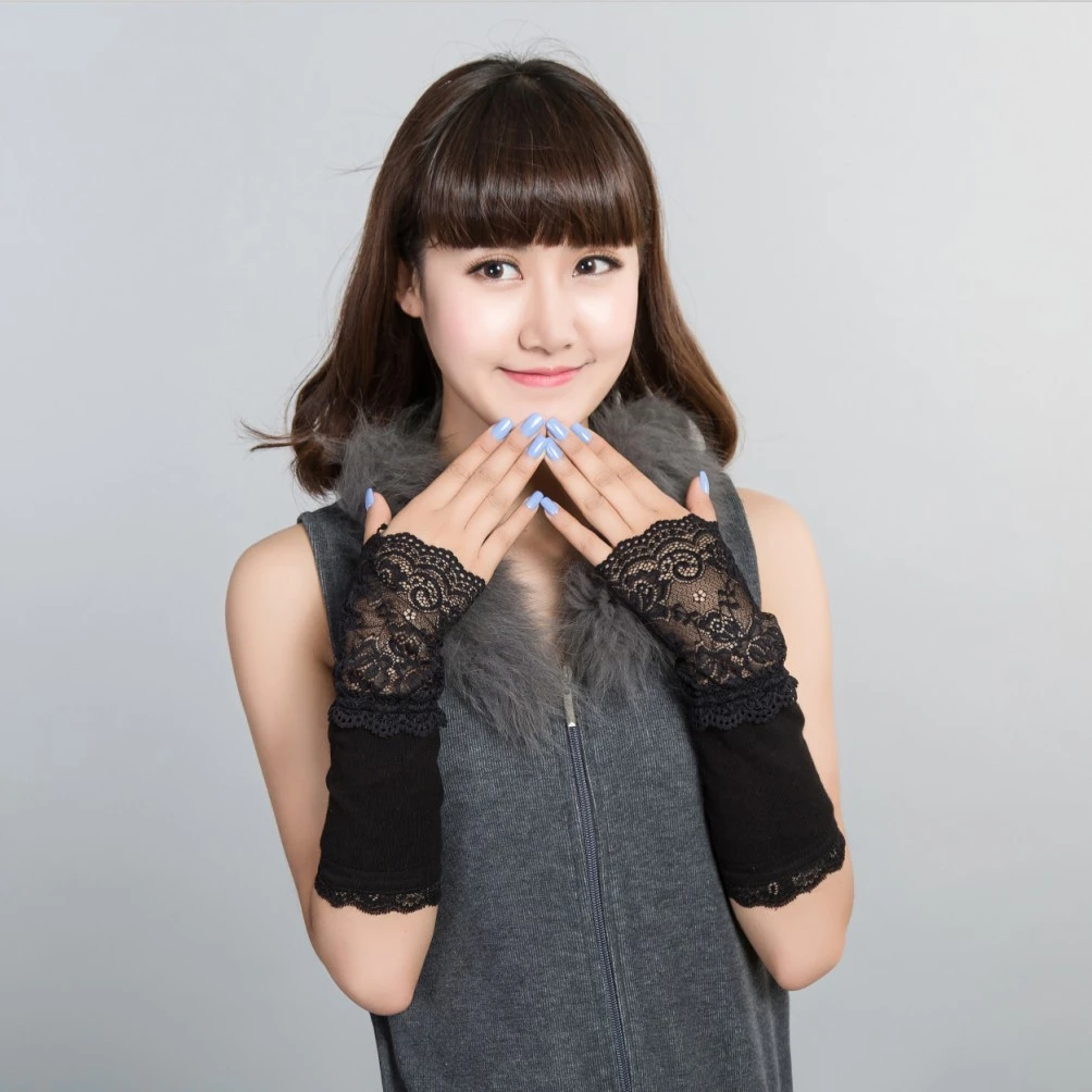 秋冬保暖手臂套女加厚甜美短款手套蕾丝花边半指袖套针织棉假袖子