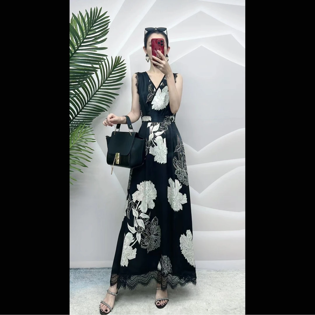 雅致花舞气质端庄优雅法式复古连衣裙无袖印花背心夏季裙子
