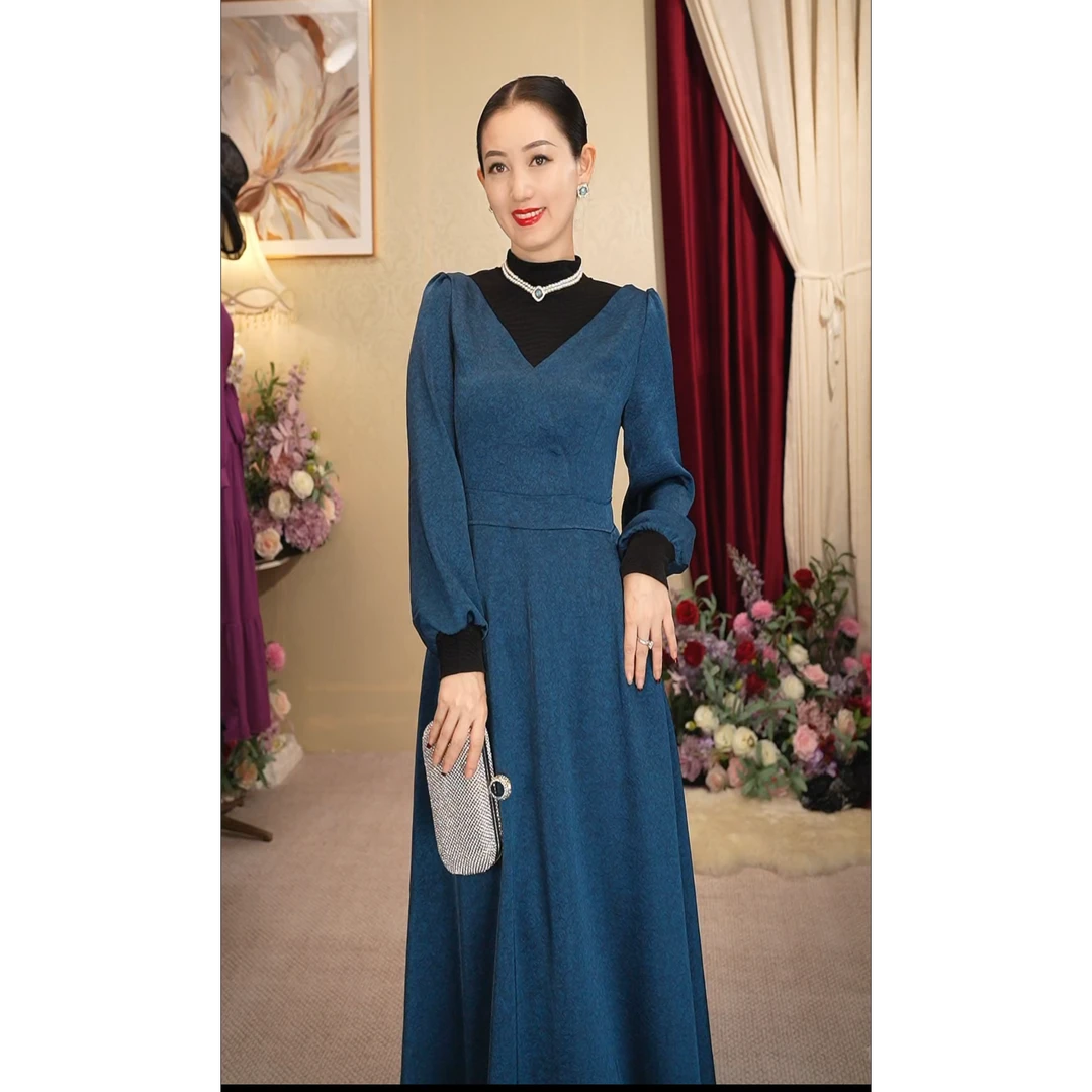 《丹尚爱》蓝色琉璃气质长袖复古长款文艺法式优雅法式女装连衣裙
