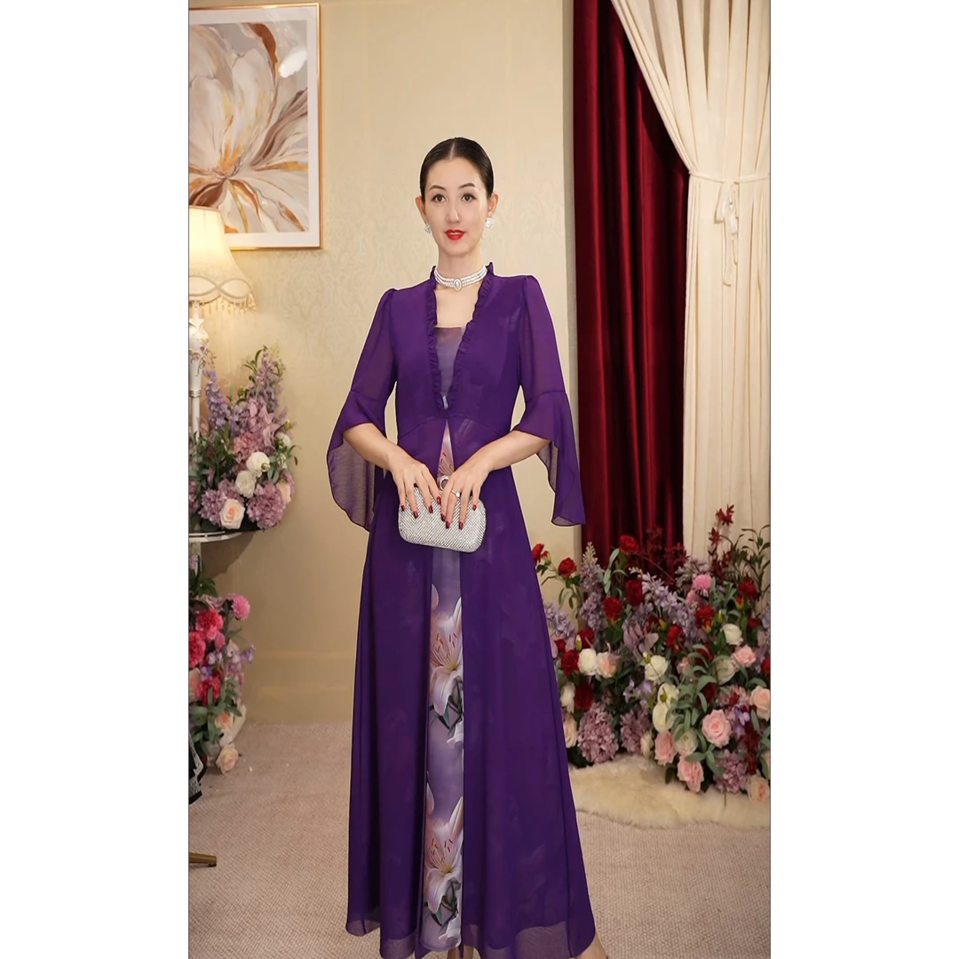 《丹尚爱》高雅百合紫色夏季结婚优雅复古假两件裙子宴会法式连衣裙