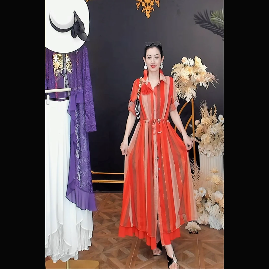 意式风情长袖（可七分袖）条纹显瘦裙子（可当外套）橙色显白连衣裙