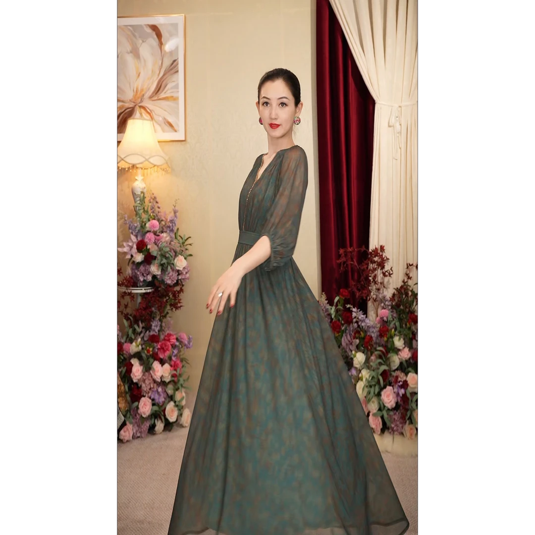 《丹尚爱》寒水月高贵轻奢气质绿色松紧腰优雅名媛收腰女装连衣裙