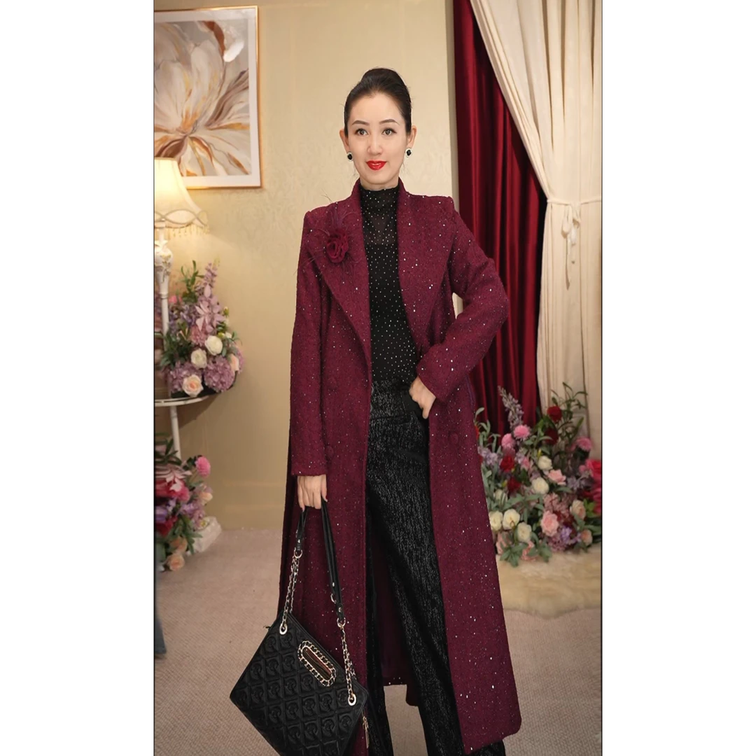 《丹尚爱》巴洛克星空黑色亮片冬季保暖长款翻领2024新款女士外套