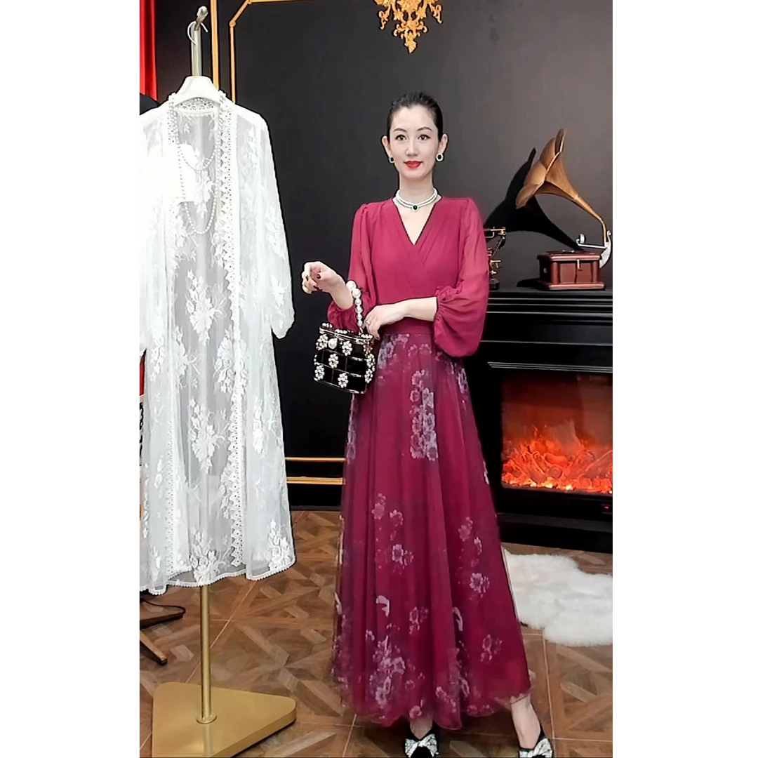 《丹尚爱》魏紫显白法式假两件夏季八分袖浪漫优雅长款女装连衣裙