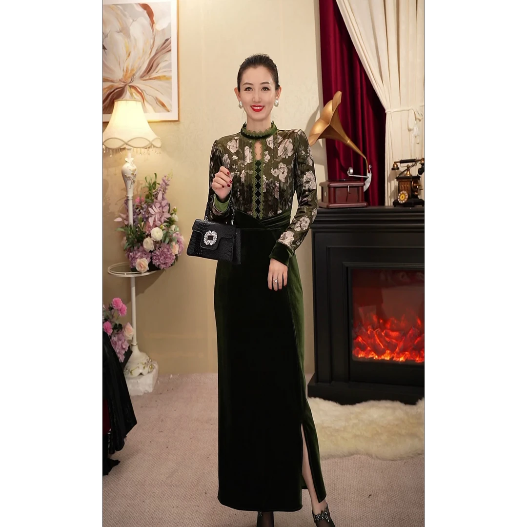 《丹尚爱》洛神花收腰绿色冬季加绒加厚侧边开叉立领优雅女士连衣裙