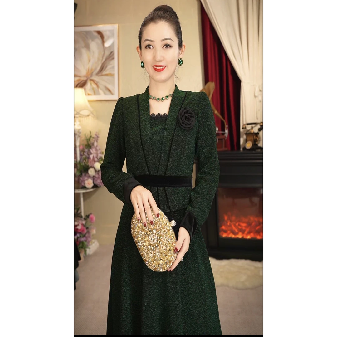 《丹尚爱》镜中舞会显瘦长袖轻奢绿色长款秋冬优雅气质女装连衣裙