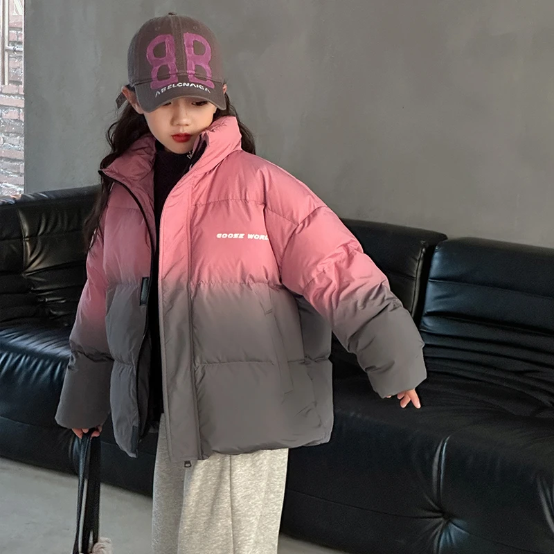 女童棉服外套2023新款中大童冬季加厚渐变潮流棉衣6-12加绒棉袄潮
