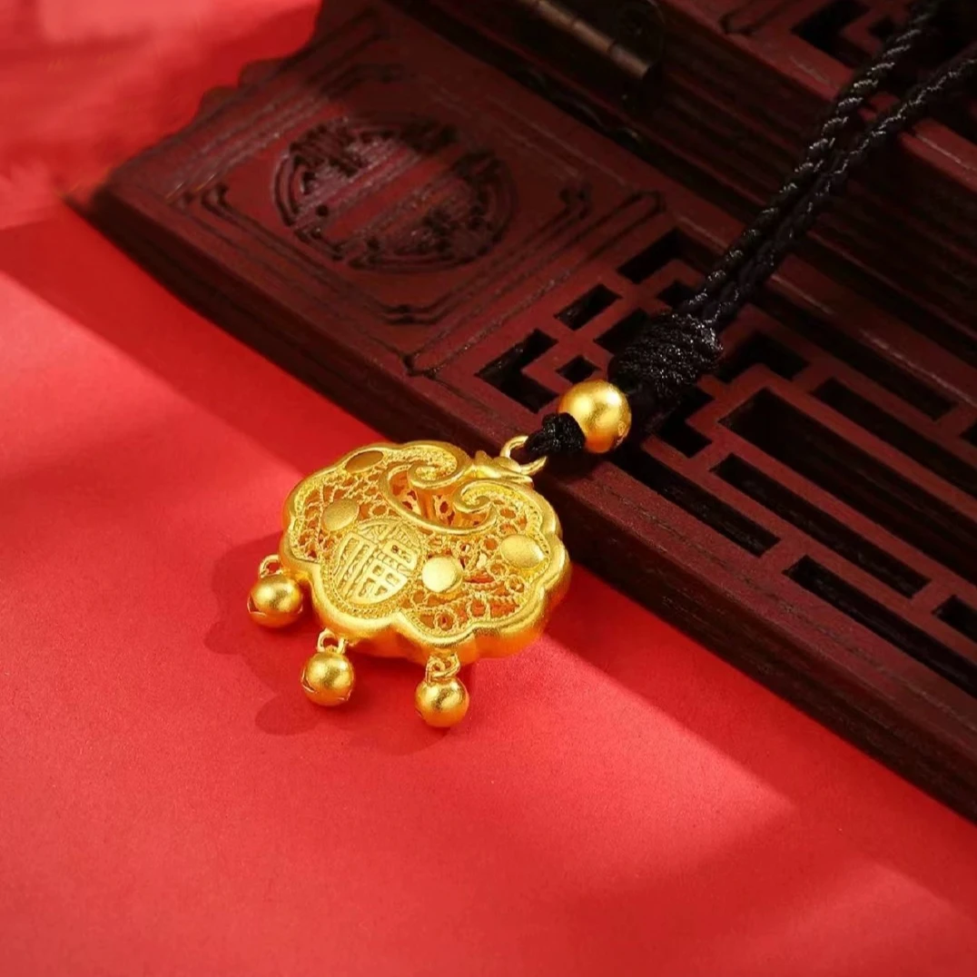 纯手工编织金色秋冬平安锁长命锁黑绳祥云锁项链