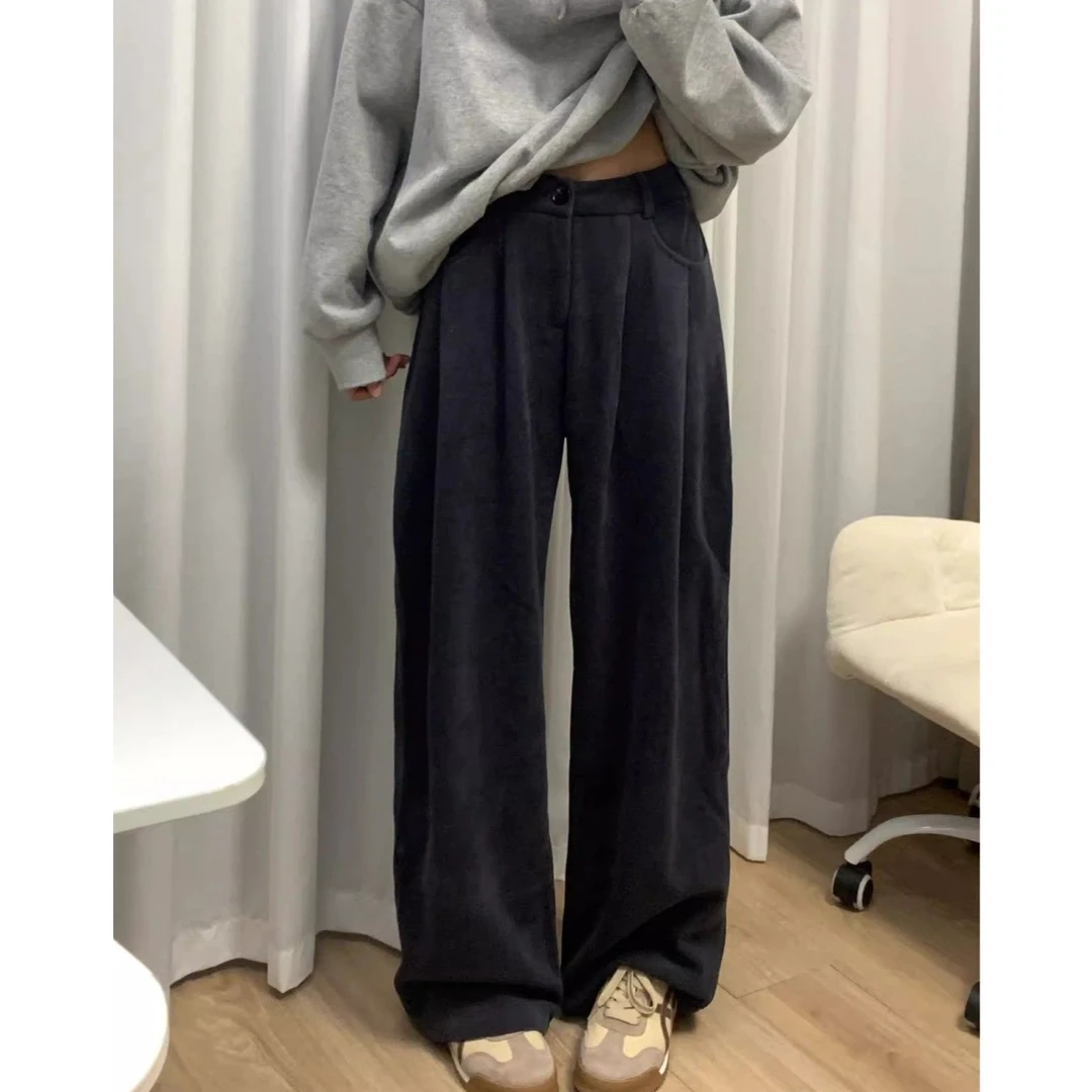 灯芯绒雾霾蓝雪尼尔阔腿裤女秋冬新款宽松高腰直筒垂感休闲拖地裤