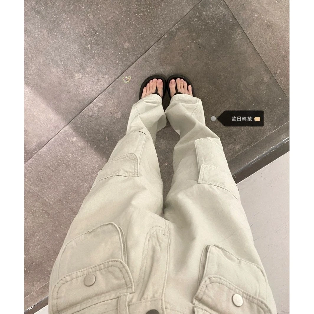 美式复古多口袋工装牛仔裤女夏季新款高腰直筒宽松阔腿拖地裤子潮