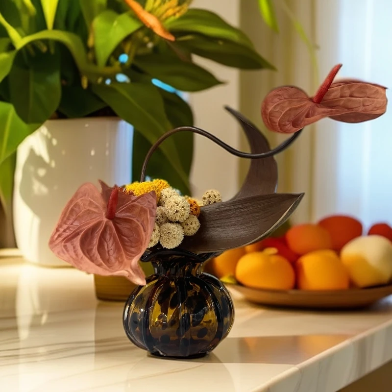 轻奢高端干花永生花琉璃花器摆件餐桌客厅装饰品复古创意陶瓷中式