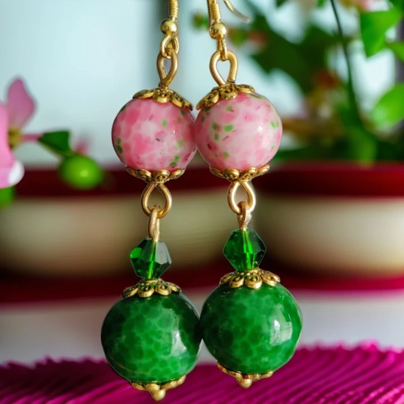 手工琉璃耳坠粉绿蛙皮气质时尚国风古风长款古典复古精美百搭清新