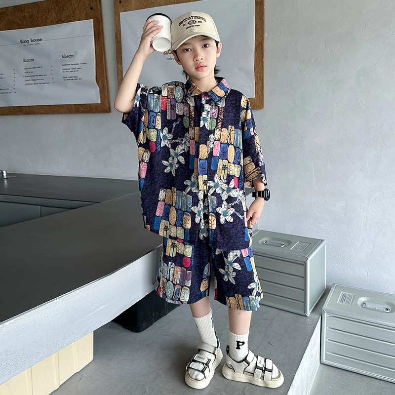 男童夏装2024新款套装时髦儿童装夏季潮男孩短袖痞帅风衬衫两件套