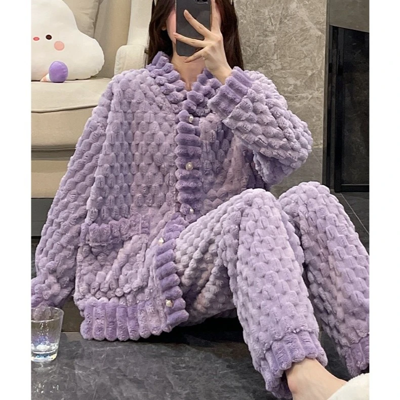 【瑜妹妹】小香风泡泡格玫瑰绒加厚睡衣女款冬季爆款紫色家居服套装