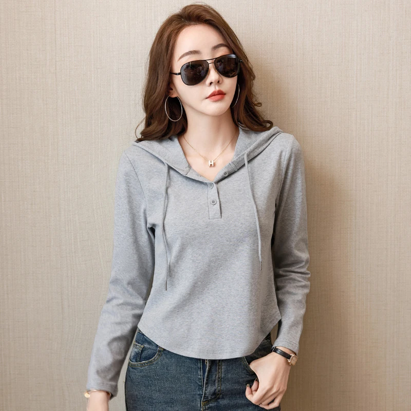 纯棉连帽长袖T恤女春秋初中高中学生短款洋气上衣打底帽衫薄卫衣