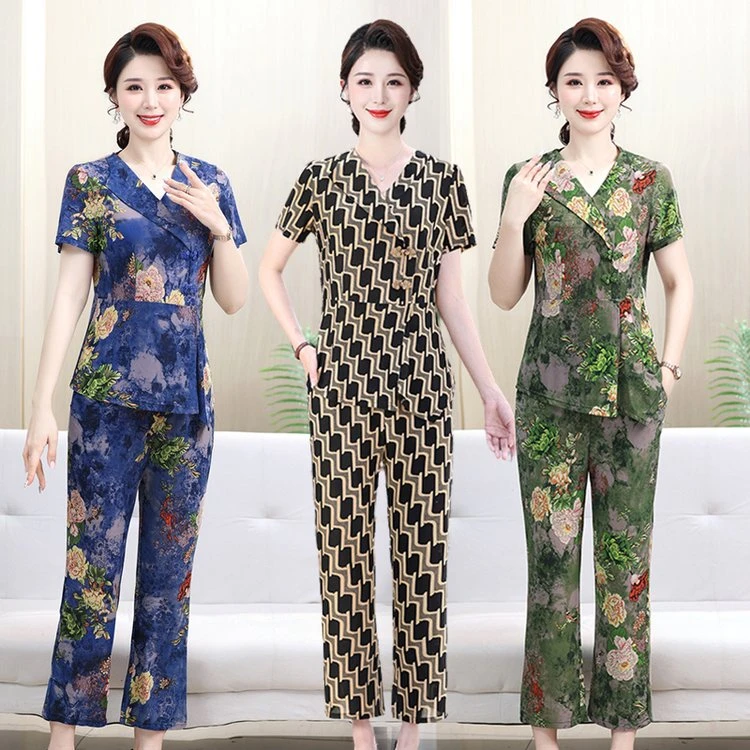 大码中年阔腿中老年女装新款夏季妈妈装两件套薄款洋气短袖套装女