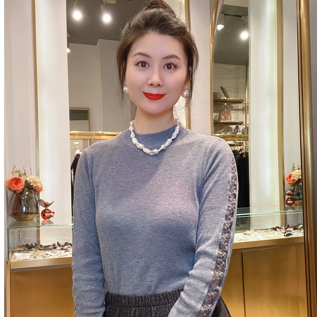 2024秋冬新款简约纯色拼接蕾丝镂空长袖立领上衣打底衫CC199-011