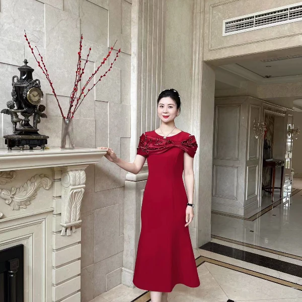 2023款高端轻奢喜妈妈礼服定制婚宴鱼尾款气质一字肩连衣裙G3096