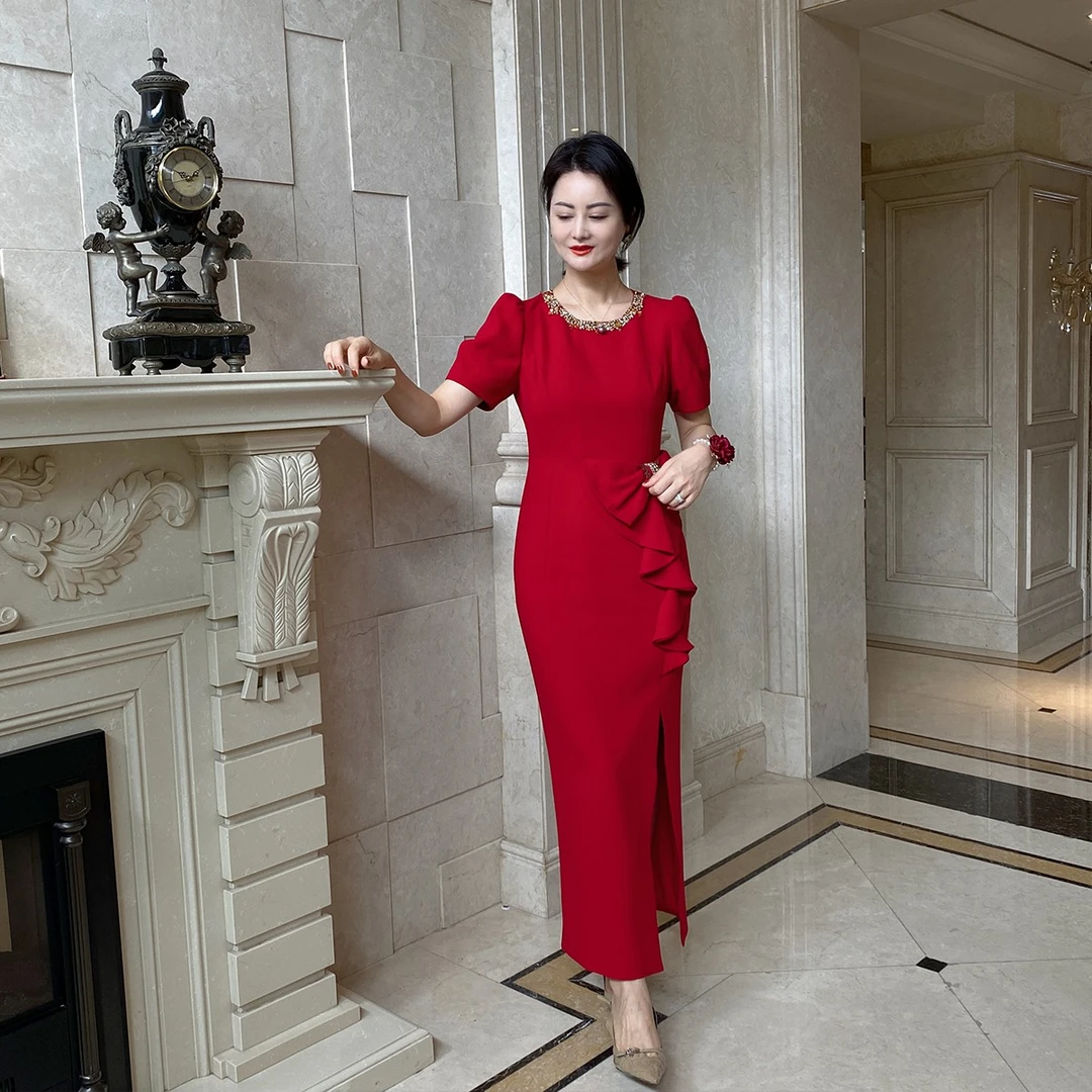 高端轻奢喜妈妈礼服定制婚宴领重工泡泡袖腰蝴蝶结连衣裙2403001