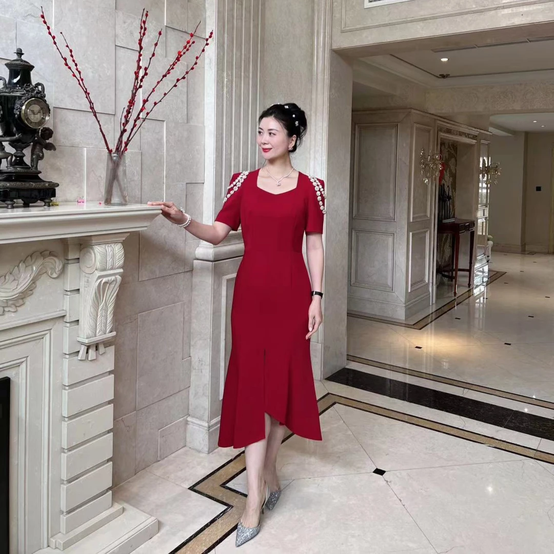 Nikoage高端轻奢喜妈妈礼服定制婚宴短袖钉钻气质优雅连衣裙G2828