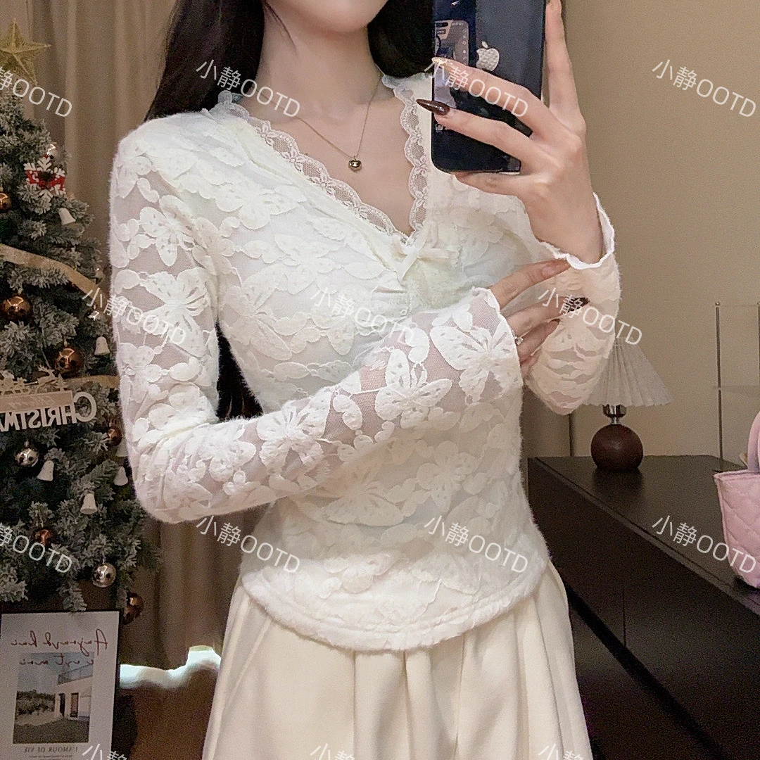 纯欲辣妹性感v领上衣女秋冬新款小香风蕾丝打底衫内搭高级感小衫