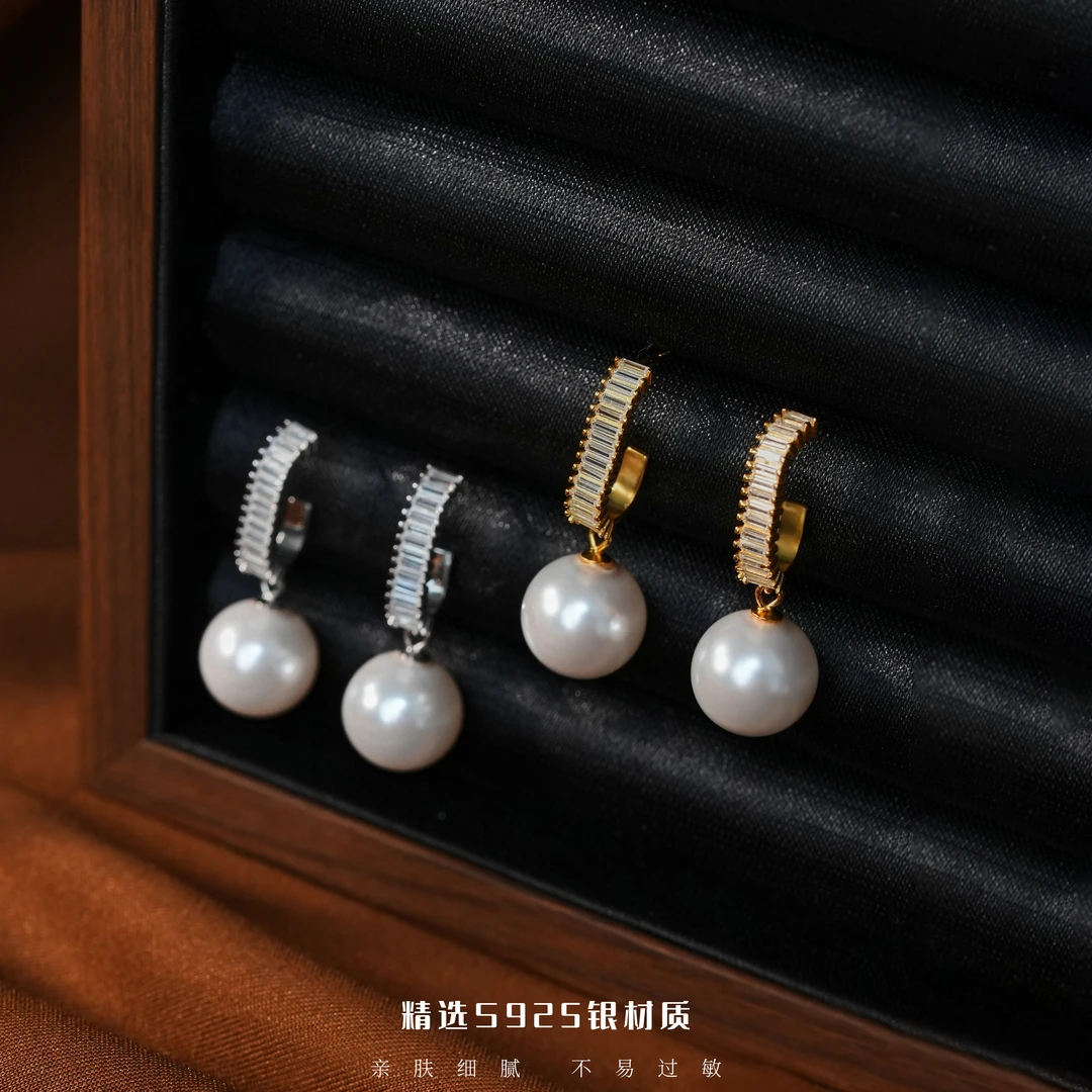 丽沁 925银耳饰 复古重工C型排锆珠珠耳钉女高级感轻奢气质耳环