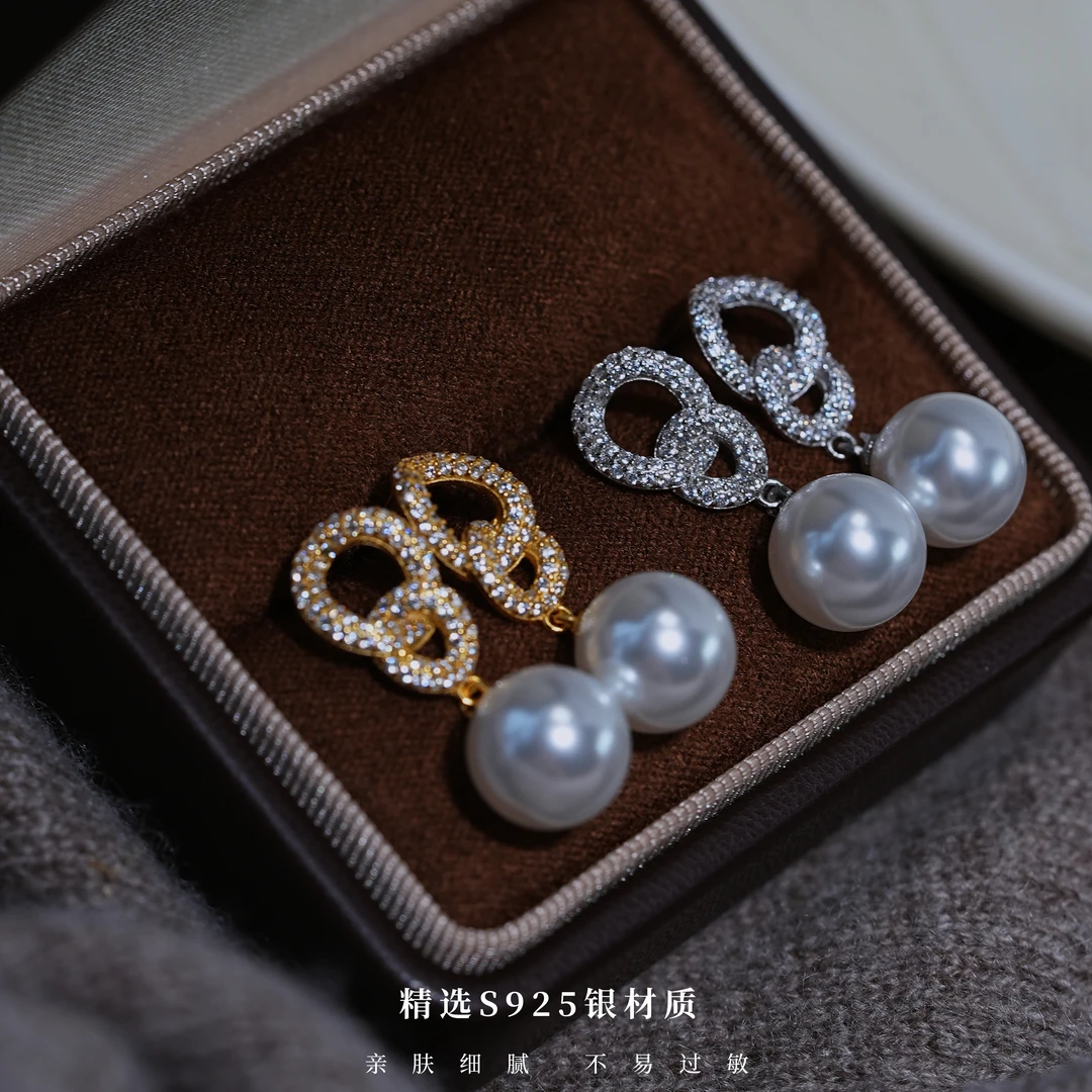 丽沁 925银耳饰 精美八字锆石珠珠耳钉仙女气质浪漫轻奢百搭耳环