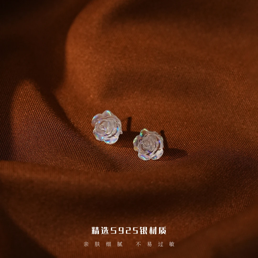 丽沁 925银树脂耳饰 甜美人鱼姬山茶花耳钉女清新气质炫彩耳环