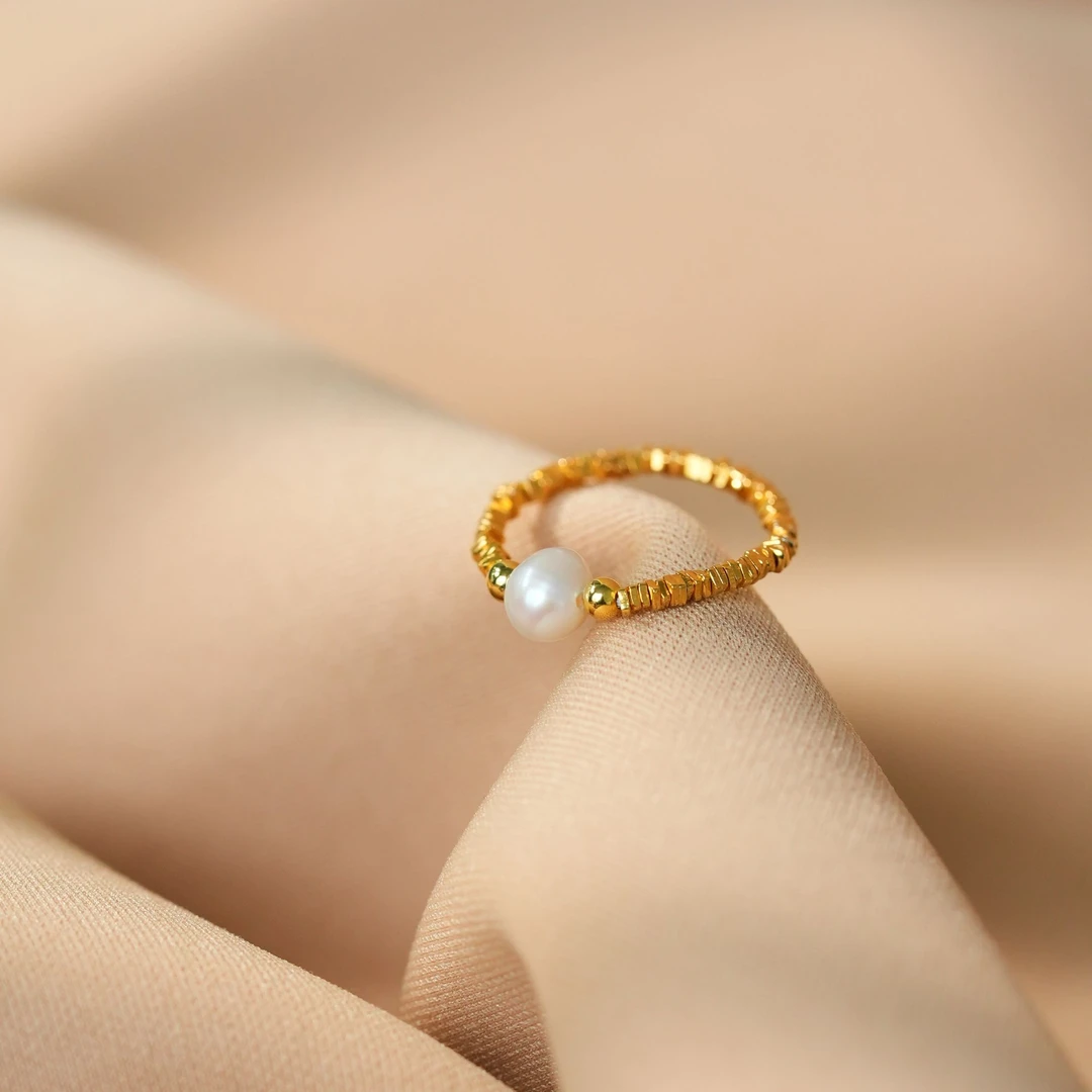 丽沁 925银戒指 复古黄色碎银珠珠戒指轻奢指环弹力可调节