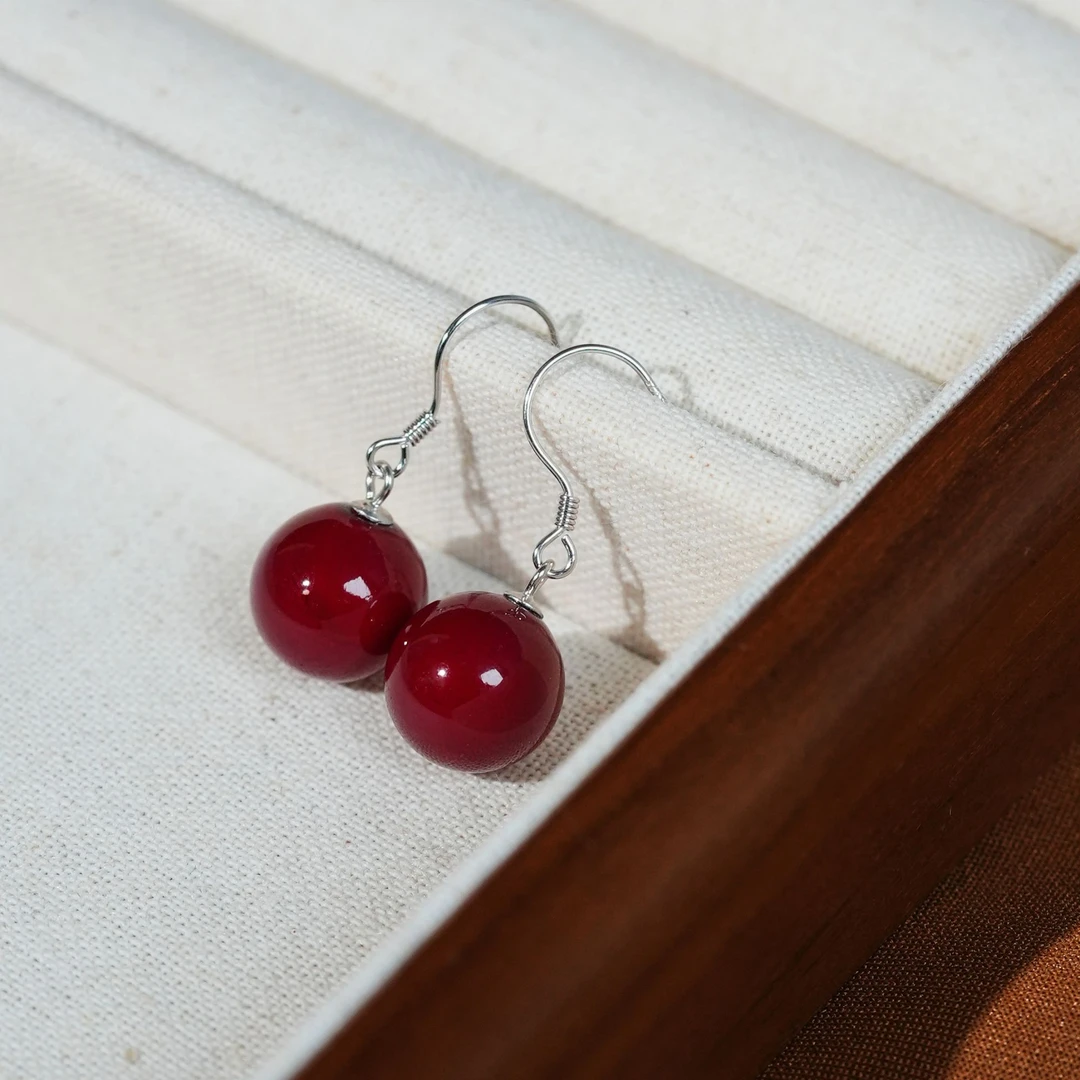 丽沁 925银耳饰 复古酒红色珠珠耳钩女港式气质银耳饰简约古风