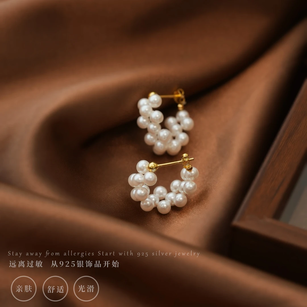 丽沁 925银耳饰 法式小米珠耳扣编织百搭优雅经典复古银豆耳环