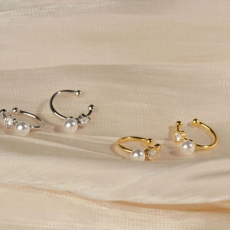 丽沁 925银合成锆石耳饰 新潮时尚气质珠珠耳夹简约百搭无耳洞女