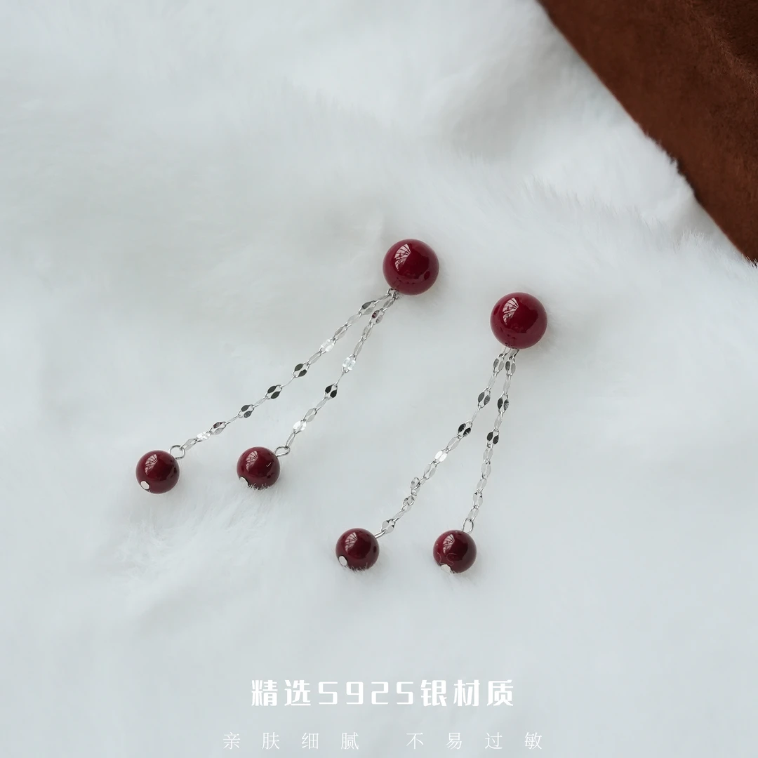 丽沁 925银耳饰 爆闪嘴唇链红珠耳钉时尚女款气质复古清新耳饰