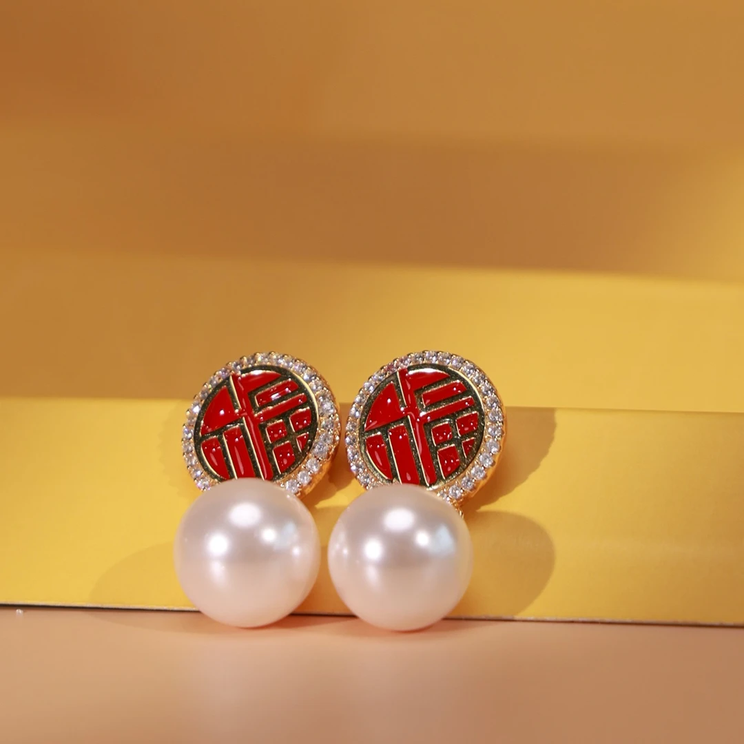 丽沁 925银耳饰 福字锆石珠珠耳钉路路通国风复古耳环国潮耳饰