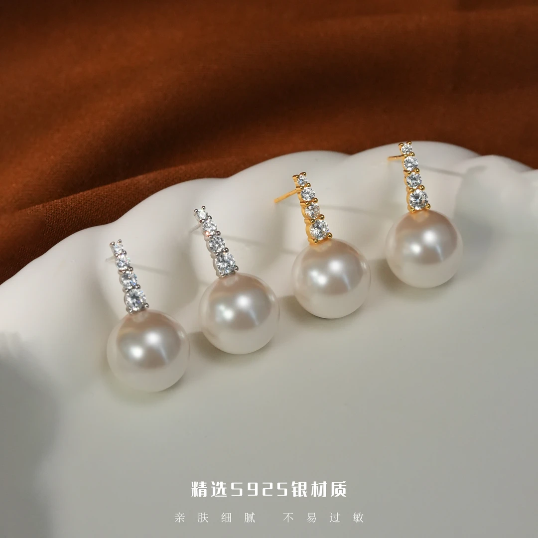 丽沁 925银仿珍珠耳饰 轻奢锆石珠珠耳钉女气质高级感耳环耳饰